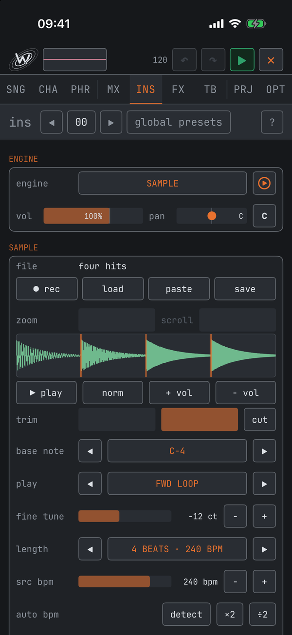 A chopped sample on the INS page: four hits on the waveform with slice lines, the play, trim, base note and tempo rows