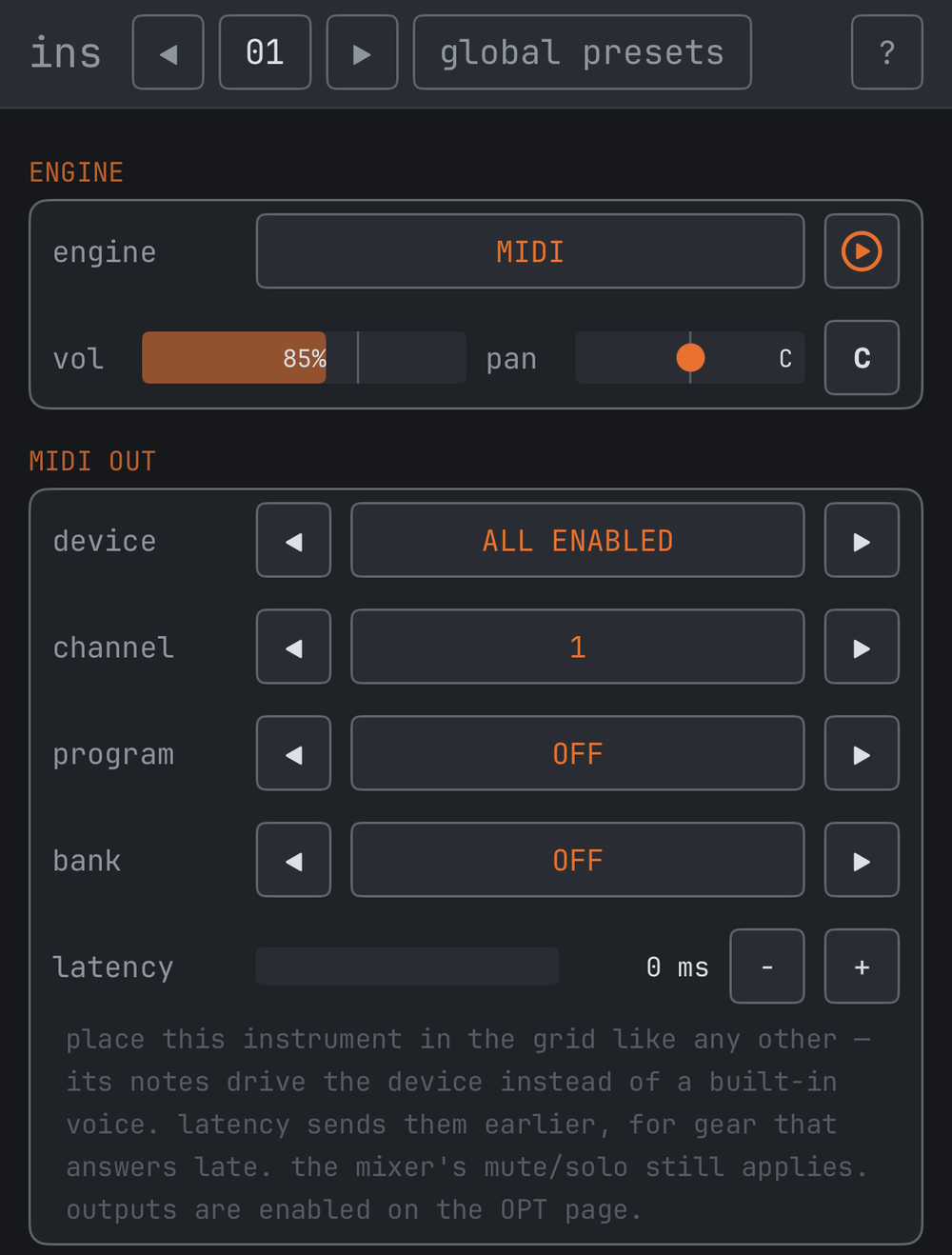 The MIDI OUT engine panel: device, channel, program, bank and latency