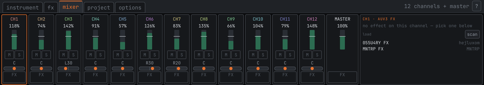 The iPad's mixer tab: twelve channel strips and the MASTER fader in one row, the AUv3 panel beside them