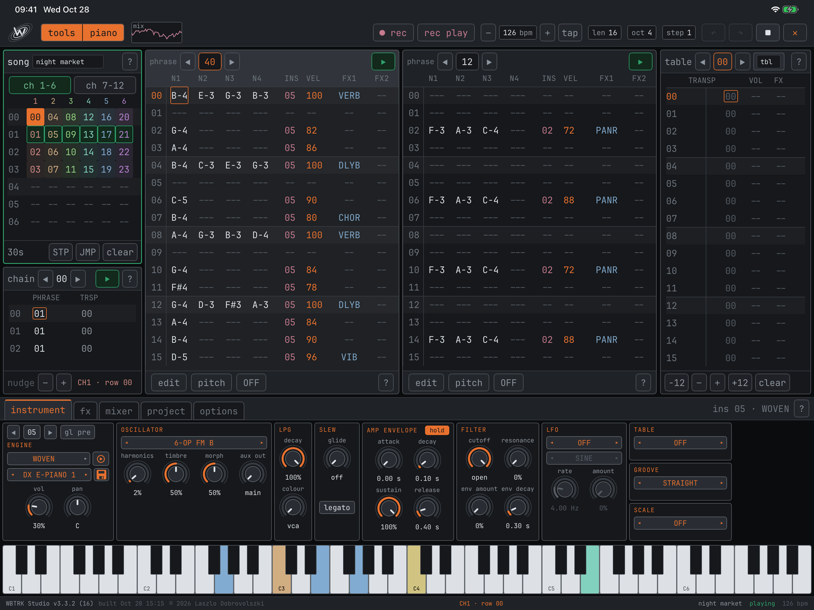 WBTRK Studio on an iPad lying down: the song, the chain, two phrases, the table, the instrument tab and the piano