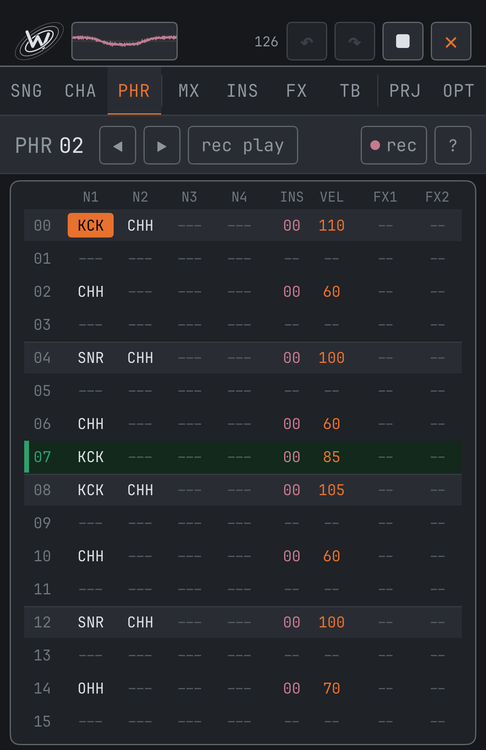 A drum kit phrase on iPhone: kick, snare and hat codes in the note columns with their velocities