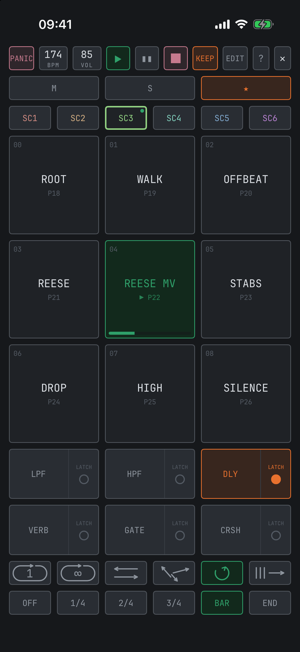 LIVE MODE on iPhone: a scene of launch pads with the quantise row and the effect keys