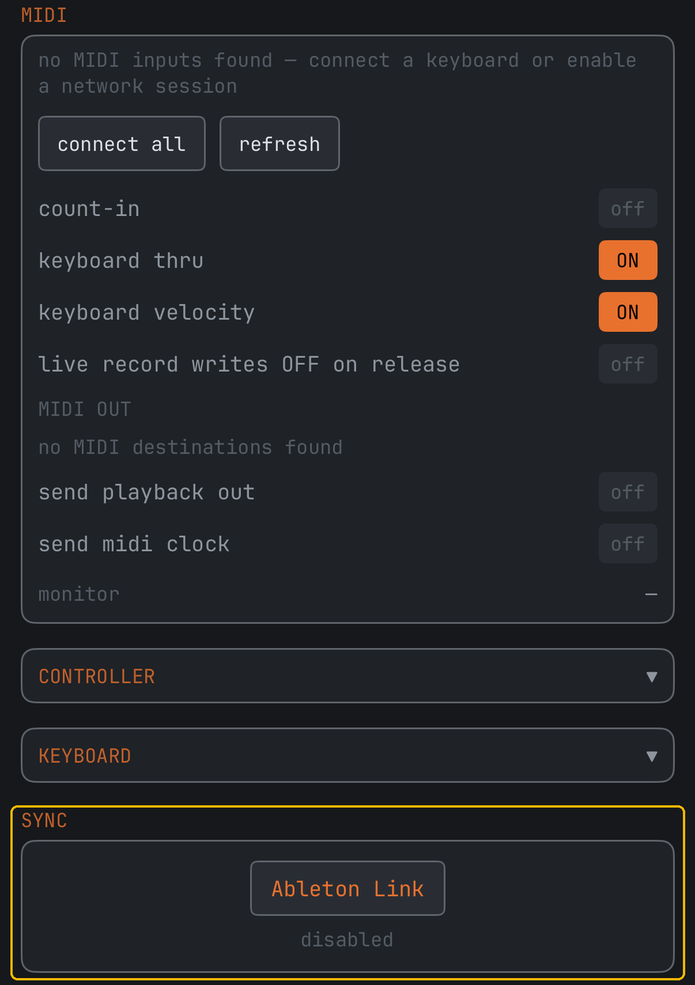 The OPT page with the SYNC section highlighted: the Ableton Link button and its state