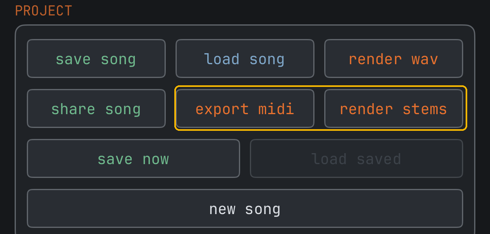 The PROJECT page's file section with export midi and render stems highlighted