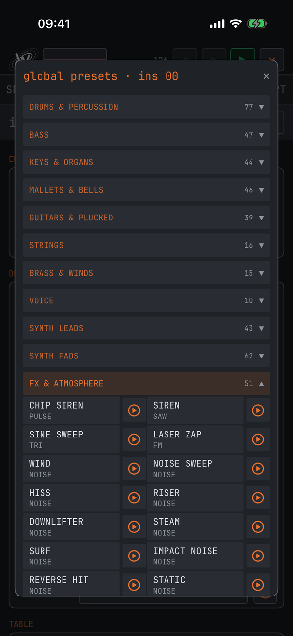 The global presets window on iPhone: sound families as folds, the fx and atmosphere sounds open, each with a play key